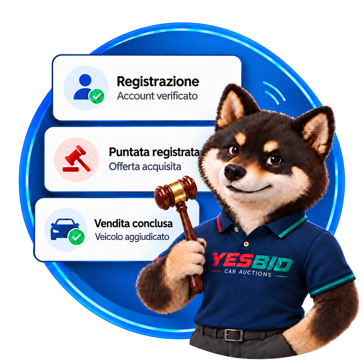 Banditore YESBID con le fasi di registrazione, puntata e vendita conclusa